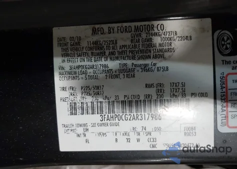 2010 Ford Fusion Sel из США, поврежденный, VIN 3FAHP0CG2AR317986